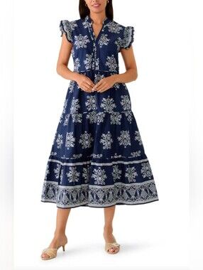 2X CeCe Women's Flutter Sleeve Tiered Border Midi Dress- NWT